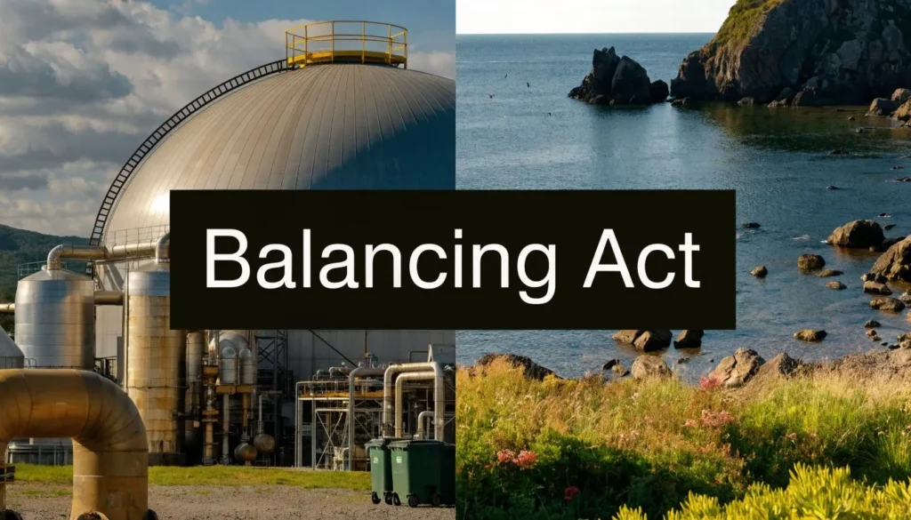 Split image of LNG facility and coastal landscape with “Balancing Act” text overlay.