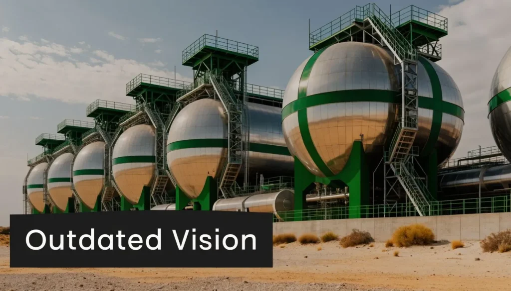 Industrial storage tanks at a large energy facility with “Outdated Vision” text overlay.