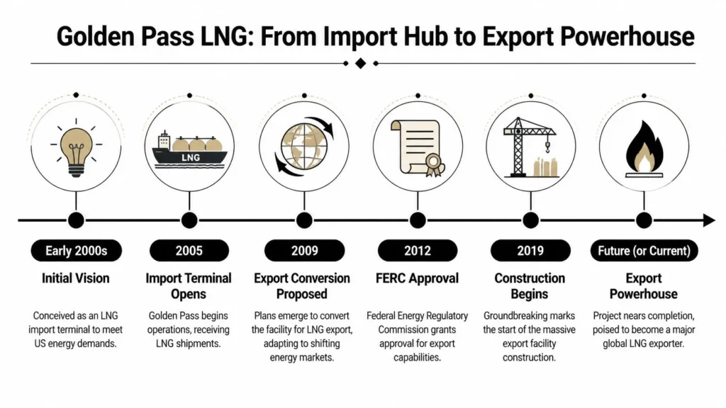 Timeline infographic showing Golden Pass LNG’s transition from import terminal to export powerhouse.