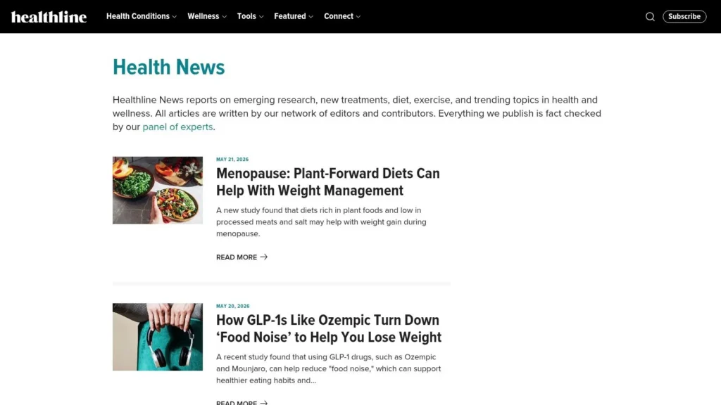 Healthline Health News page featuring wellness articles, research updates, and health-focused headlines.