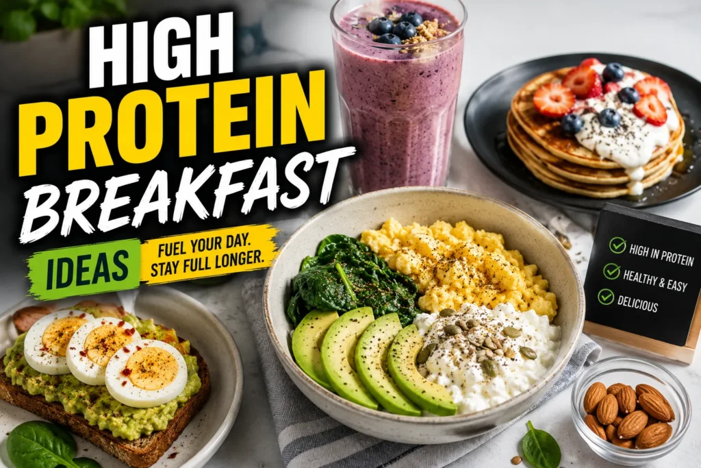 High Protein Breakfast Ideas: Quick & Delicious Meals High protein breakfast thumbnail with eggs, avocado toast, smoothie, pancakes, and healthy meal ideas.