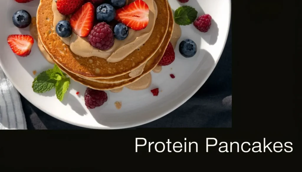 Stack of protein pancakes topped with strawberries, blueberries, raspberries, and creamy spread on a white plate.