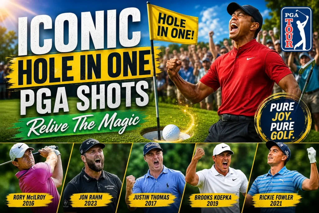 PGA hole-in-one thumbnail with celebrating golfer, golf ball in cup, cheering crowd, and colorful sports graphics.