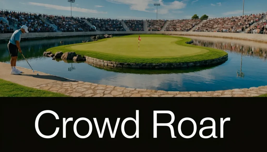 Golfer aiming toward an island green surrounded by water and crowds with “Crowd Roar” text overlay.