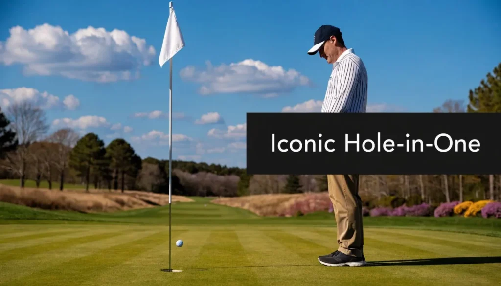 Golfer watching a ball roll toward the hole on a sunny course with “Iconic Hole-in-One” text overlay.