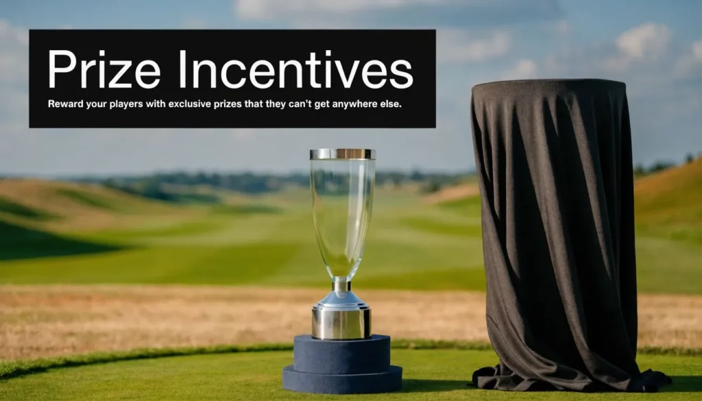 Golf trophy and covered prize display on a course with “Prize Incentives” promotional text overlay.
