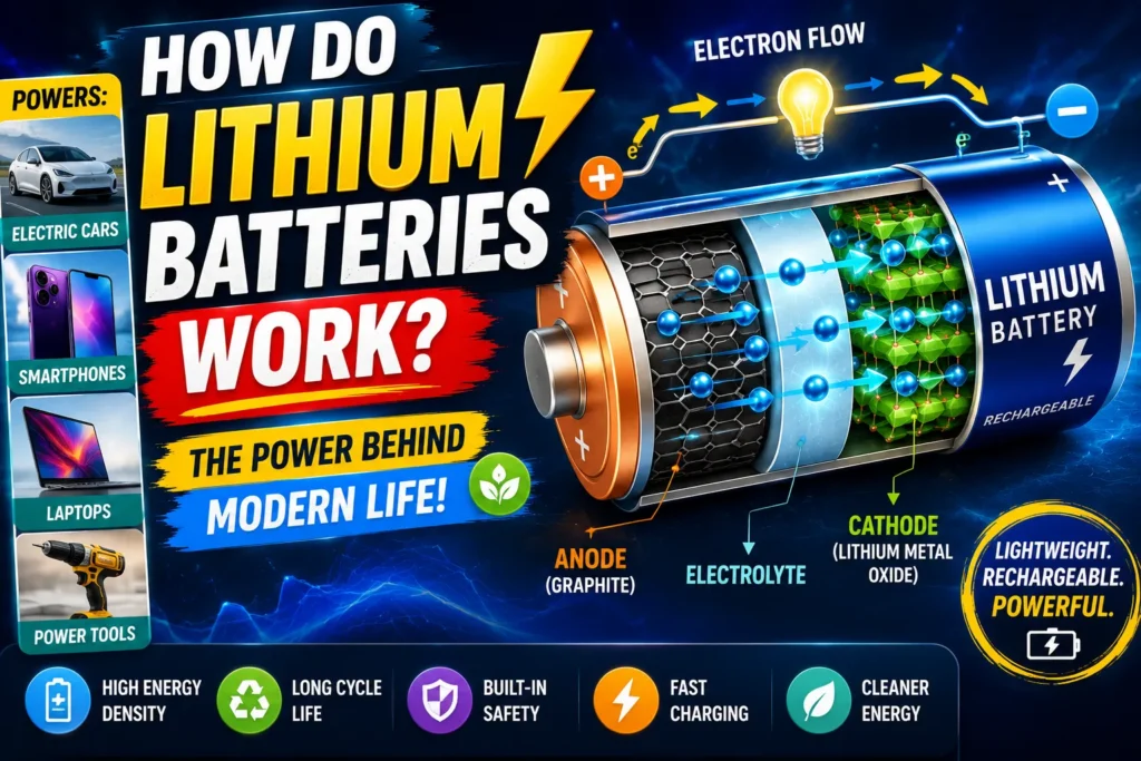 Lithium battery infographic thumbnail with battery cutaway, electron flow graphics, and modern tech device icons.