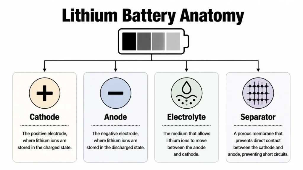 How Do Lithium Batteries Work? Your Complete Guide Infographic showing lithium battery anatomy with cathode, anode, electrolyte, and separator components.
