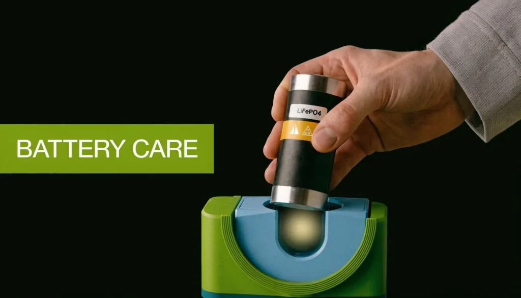 How Do Lithium Batteries Work? Your Complete Guide Hand placing a lithium battery into a charger with “BATTERY CARE” text overlay.