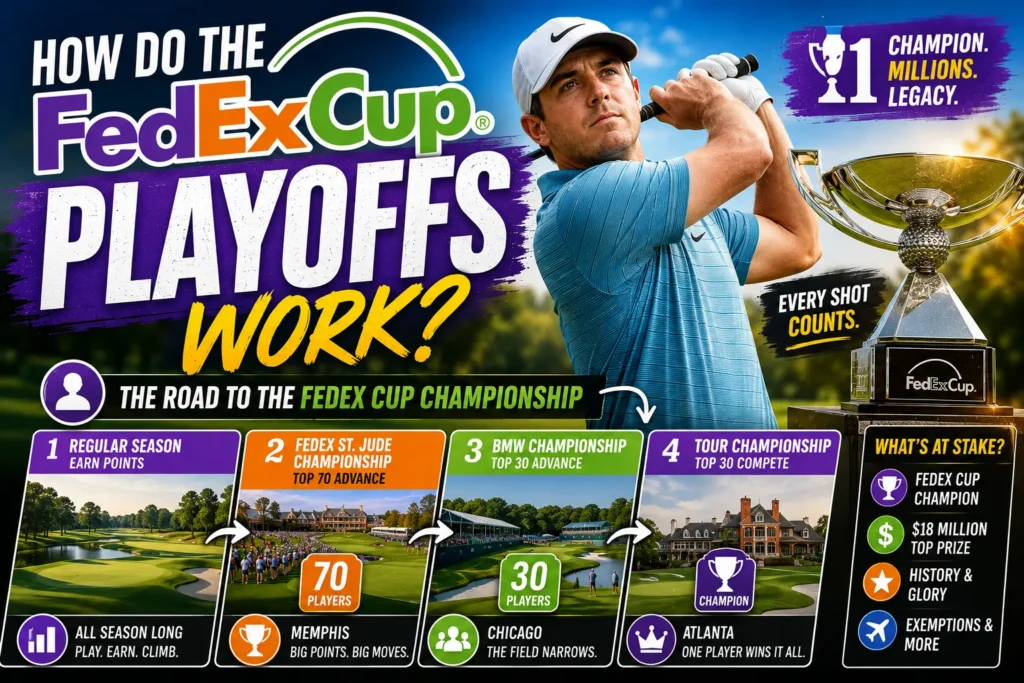 How Do the FedEx Cup Playoffs Work? A Clear 2026 Guide FedEx Cup Playoffs thumbnail with golfer, trophy, playoff stages, and colorful PGA tournament graphics.