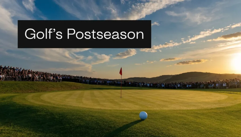 Golf course at sunset with crowd, flagstick, and ball promoting golf postseason playoffs tournament scene