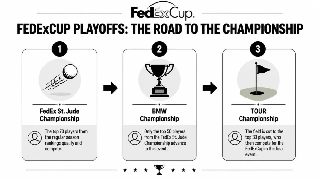 Infographic showing FedExCup Playoffs path from St. Jude Championship to BMW Championship and TOUR Championship
