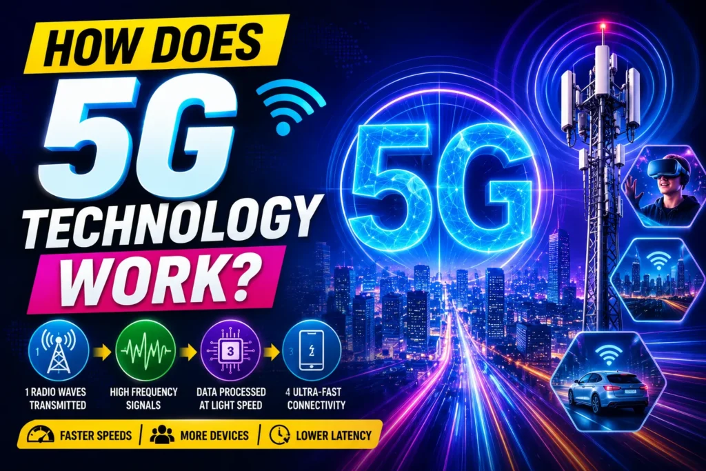 Futuristic 5G technology thumbnail with neon city, wireless tower, glowing signals, and ultra-fast connectivity graphics.