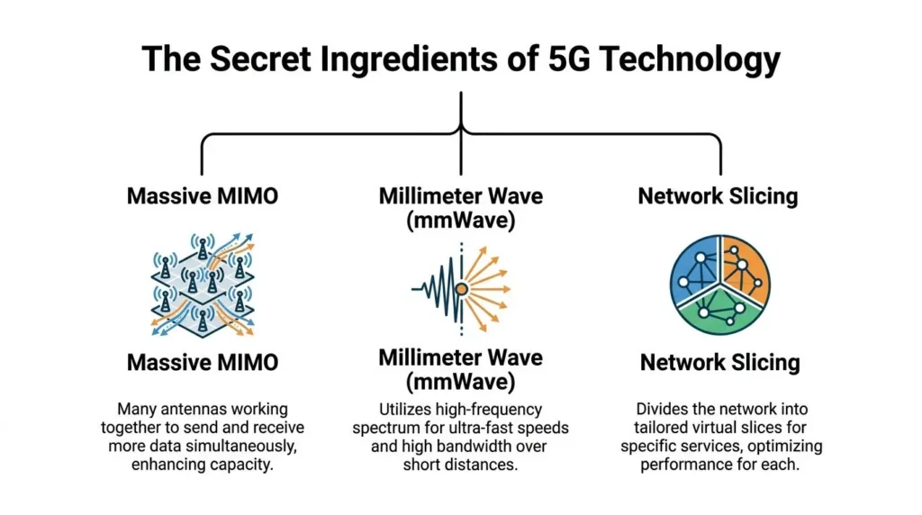 How Does 5G Technology Work? Explained in 2026 Infographic explaining 5G technology components: Massive MIMO, millimeter wave, and network slicing.