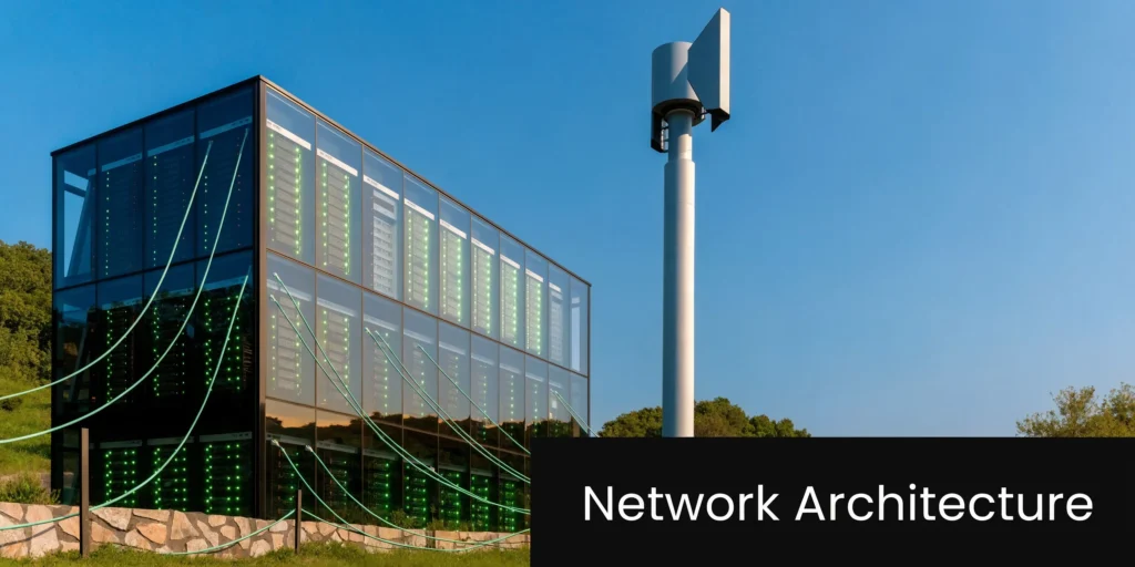 How Does 5G Technology Work? Explained in 2026 5G network tower beside a modern data center with glowing servers and “Network Architecture” text.