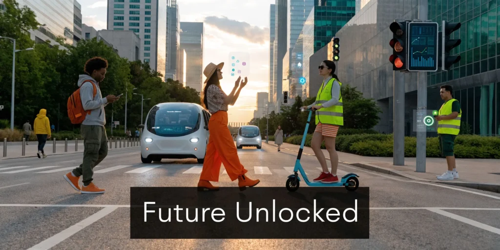 How Does 5G Technology Work? Explained in 2026 People crossing a smart city street with autonomous vehicles, e-scooters, and connected 5G technology displays.