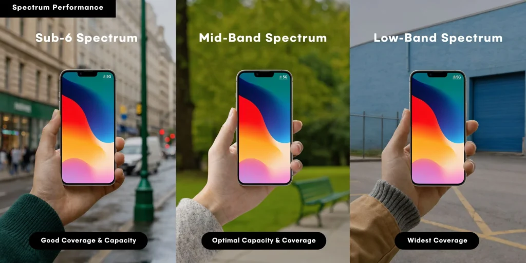 How Does 5G Technology Work? Explained in 2026 Comparison of Sub-6, mid-band, and low-band 5G spectrum performance shown on smartphones in different settings.