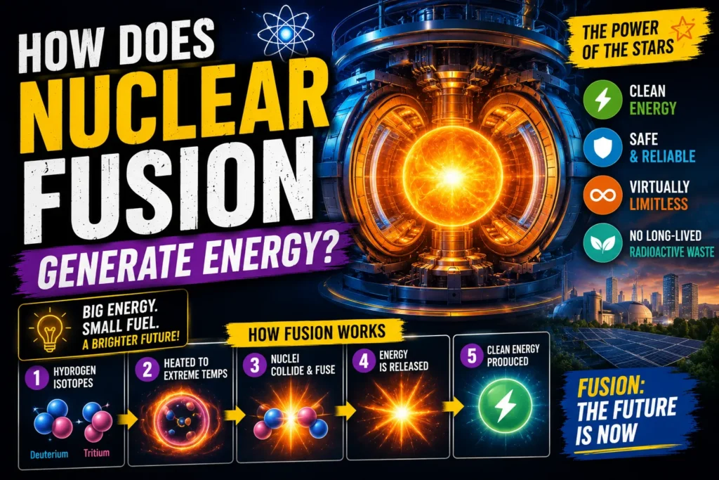 Colorful nuclear fusion infographic with glowing reactor, energy process diagrams, and futuristic clean power visuals.