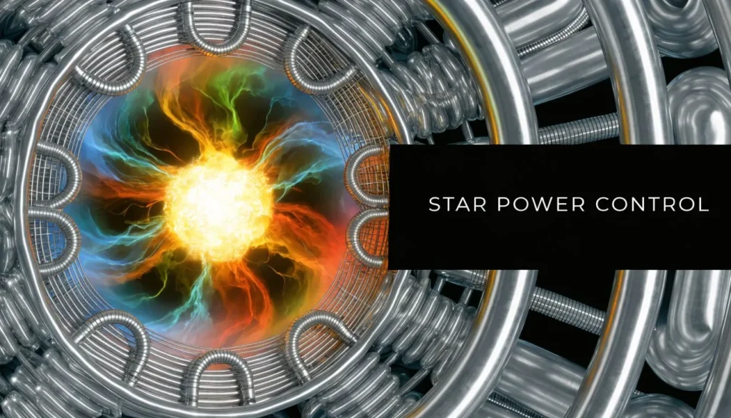 Futuristic fusion reactor illustration with glowing plasma core and “Star Power Control” text.