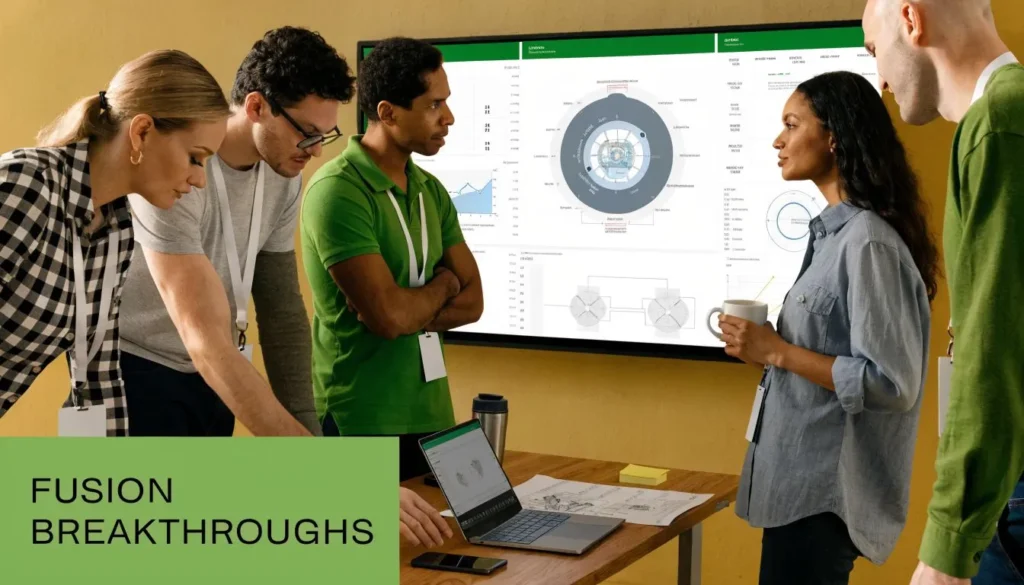 Scientists discuss fusion energy data and reactor diagrams during a team meeting labeled “Fusion Breakthroughs.”