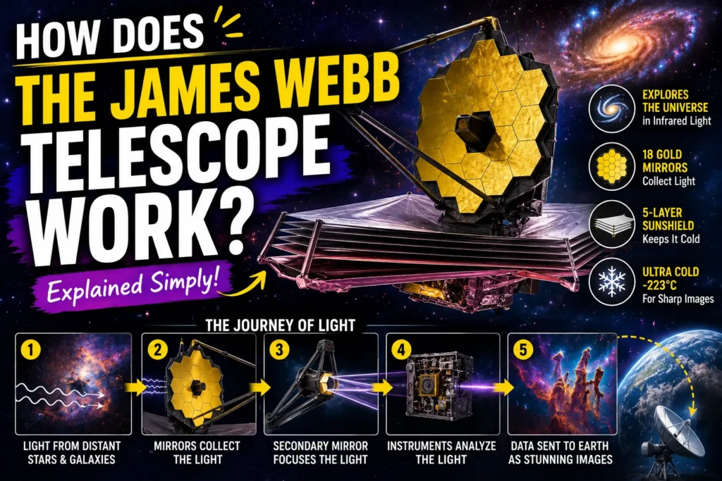 How Does the James Webb Telescope Work: Secrets Revealed Colorful James Webb Telescope infographic with space visuals, galaxy imagery, and telescope explanation graphics.