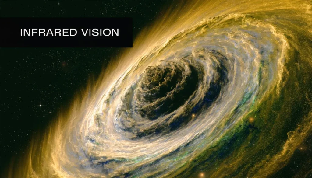How Does the James Webb Telescope Work: Secrets Revealed Infrared space image showing a swirling nebula and cosmic dust clouds with the title “Infrared Vision.”