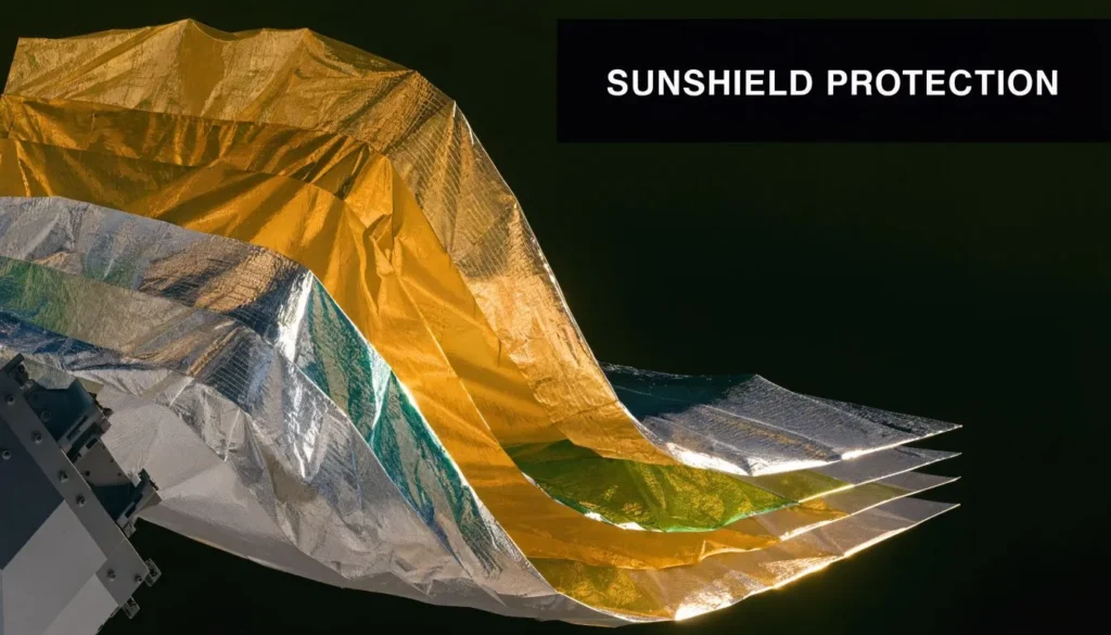 How Does the James Webb Telescope Work: Secrets Revealed Layered gold and silver sunshield materials from the James Webb Space Telescope with “Sunshield Protection” text.