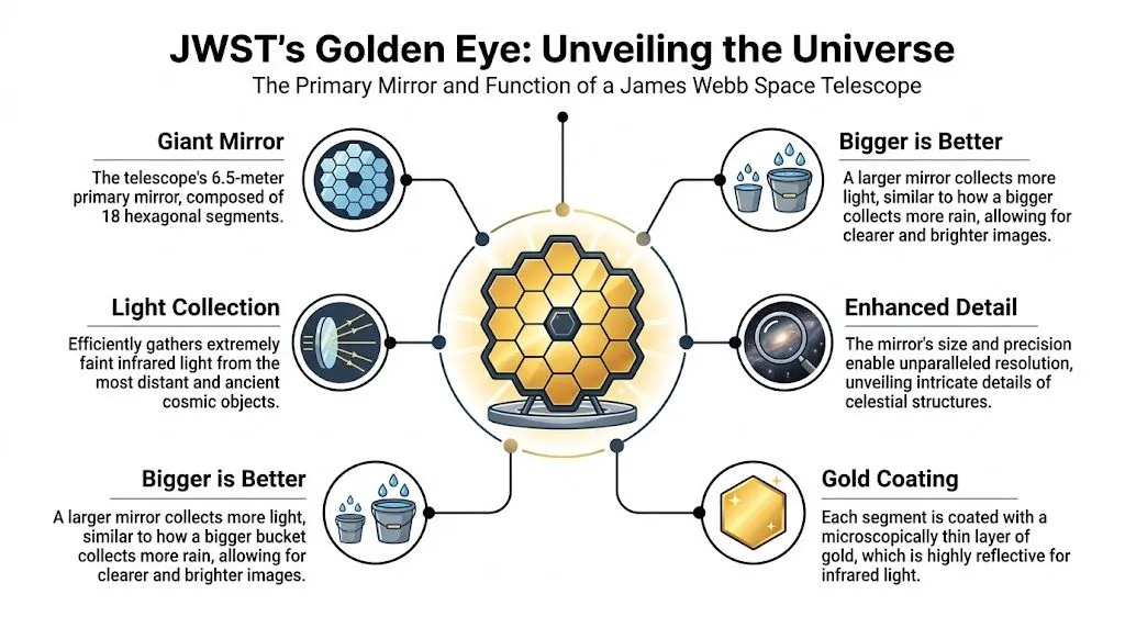 How Does the James Webb Telescope Work: Secrets Revealed Infographic explaining the James Webb Space Telescope mirror, light collection, and infrared imaging features.