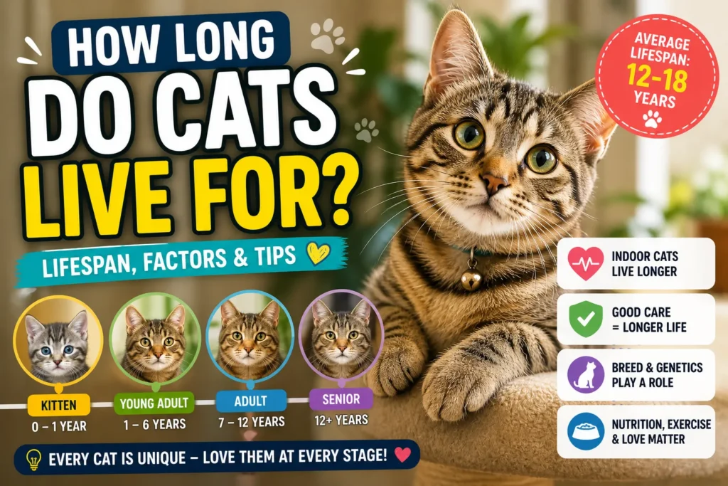 Cat lifespan infographic with tabby cat, age stages, and bold “How Long Do Cats Live?” text showing 12–18 year average