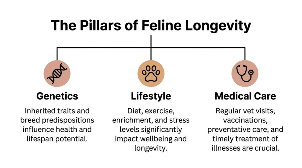 Infographic on feline longevity: genetics, lifestyle, and medical care as key factors influencing cats’ lifespan