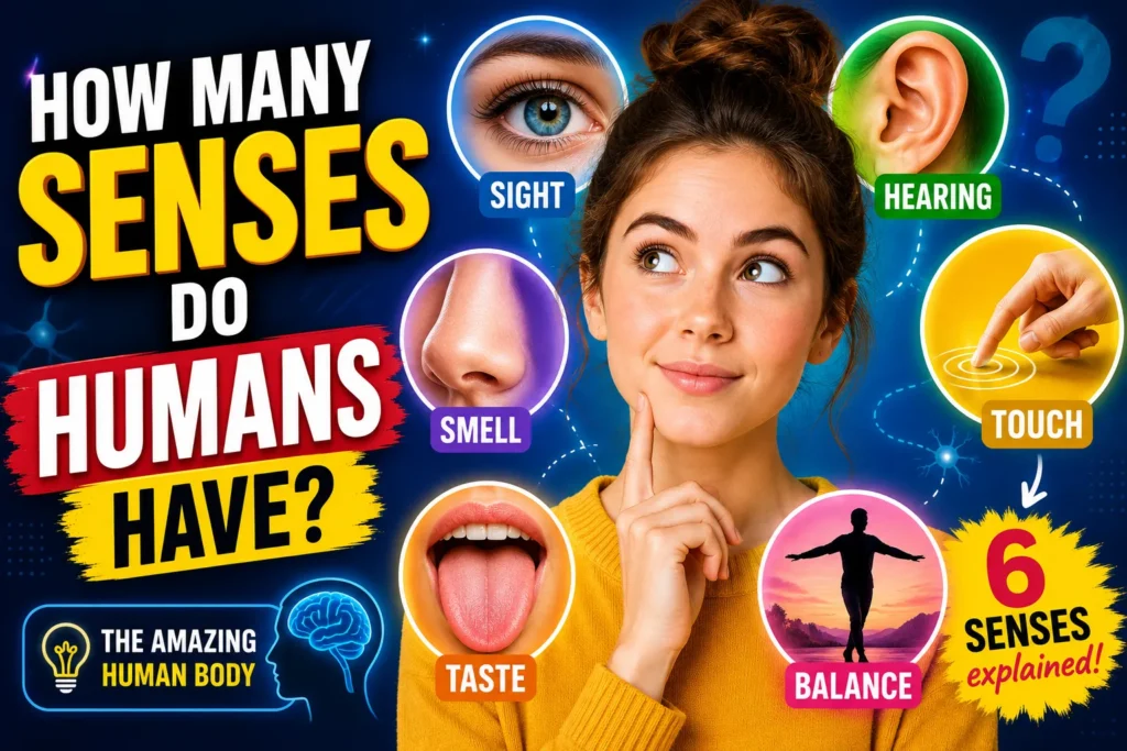 Colorful human senses thumbnail with woman, eye, ear, touch, taste, smell, and balance illustrations.