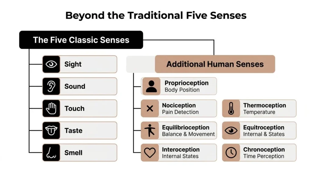 Infographic comparing the five classic senses with additional human senses like balance and pain perception.