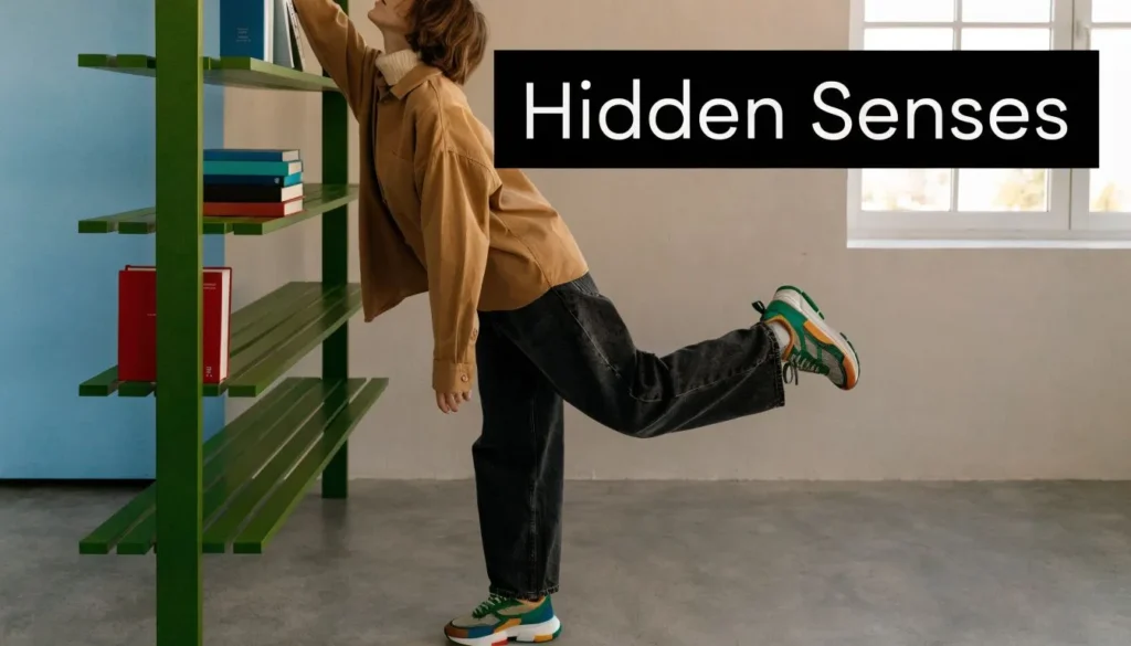 Person balancing while reaching for a bookshelf, with text reading Hidden Senses.