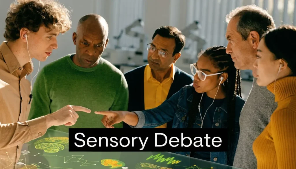 Group discussion on human senses around a digital table display, with text reading Sensory Debate.