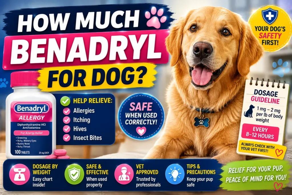 Colorful Benadryl for dogs thumbnail with golden retriever, dosage guide, allergy relief tips, and safety icons.