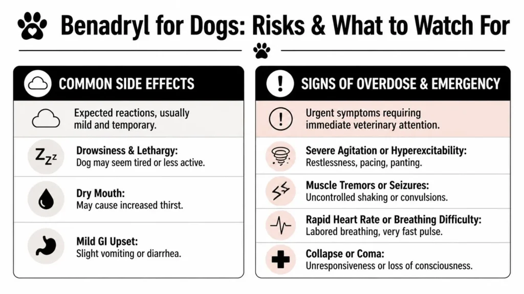 Infographic showing Benadryl side effects and overdose warning signs for dogs, including drowsiness and seizures.