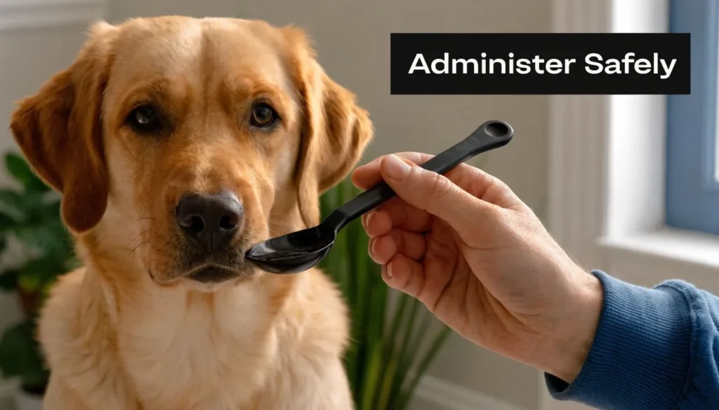 Person giving medicine with spoon to a Labrador dog, emphasizing safe pet medication administration.