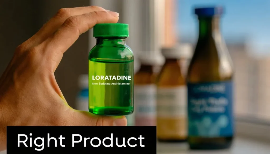 Hand holding loratadine antihistamine bottle with blurred medicine bottles in background.