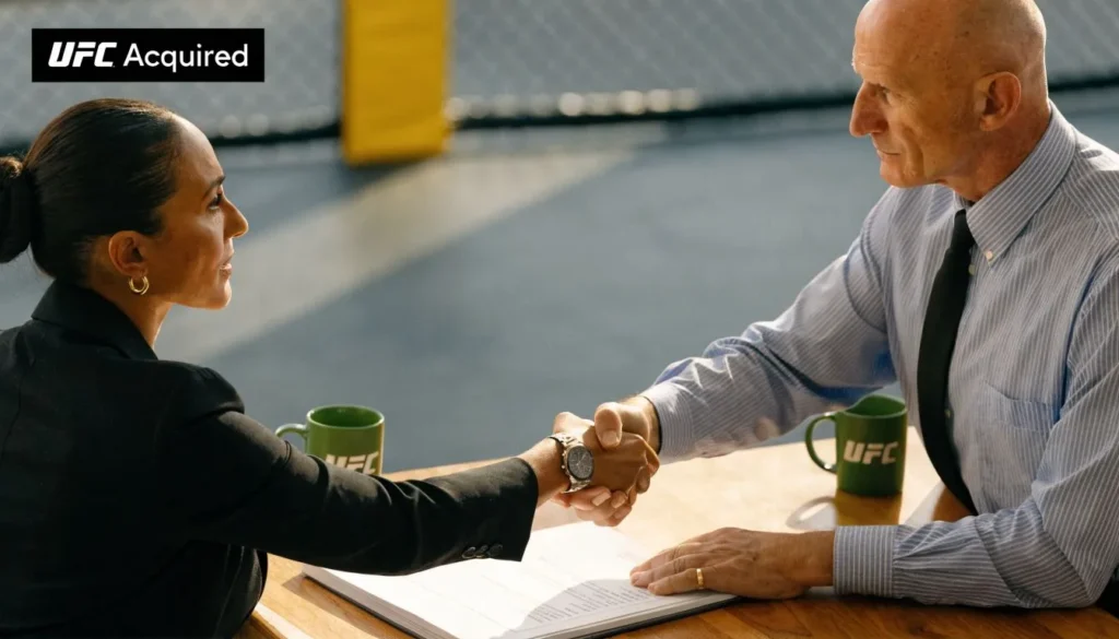 Two business professionals shaking hands at a table with UFC mugs and “UFC Acquired” text.