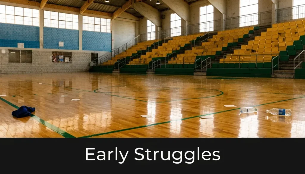 Empty indoor sports arena with scattered items on the court and “Early Struggles” text.