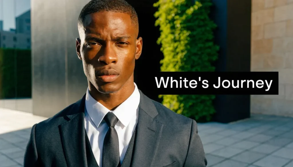 Professional man in a suit outdoors beside the text “White’s Journey” symbolizing career success.