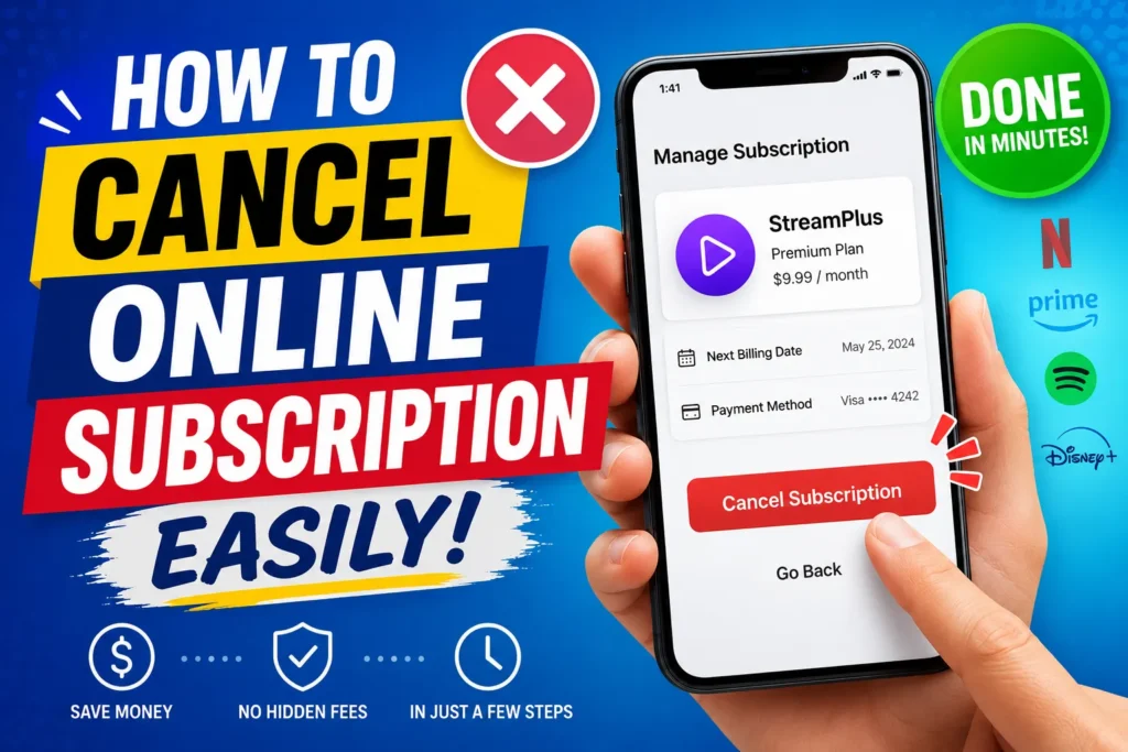 Colorful thumbnail showing smartphone subscription cancellation screen with bold text and streaming service icons.
