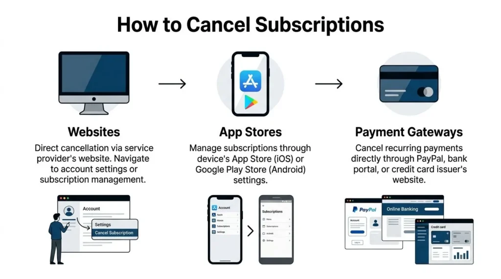 Infographic explaining how to cancel subscriptions through websites, app stores, and payment gateways.
