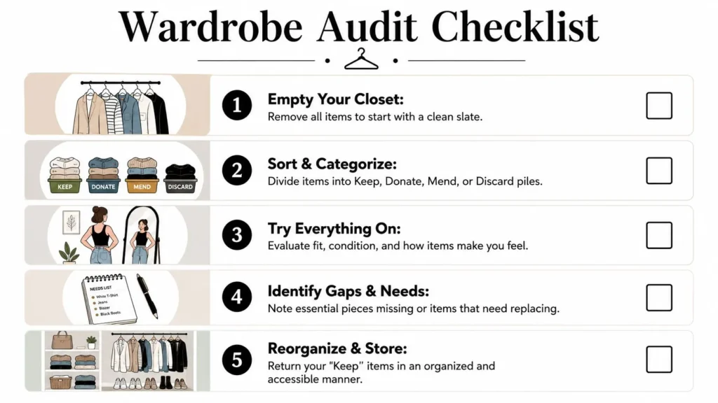 Wardrobe audit checklist infographic with steps for decluttering, sorting clothes, identifying needs, and organizing.