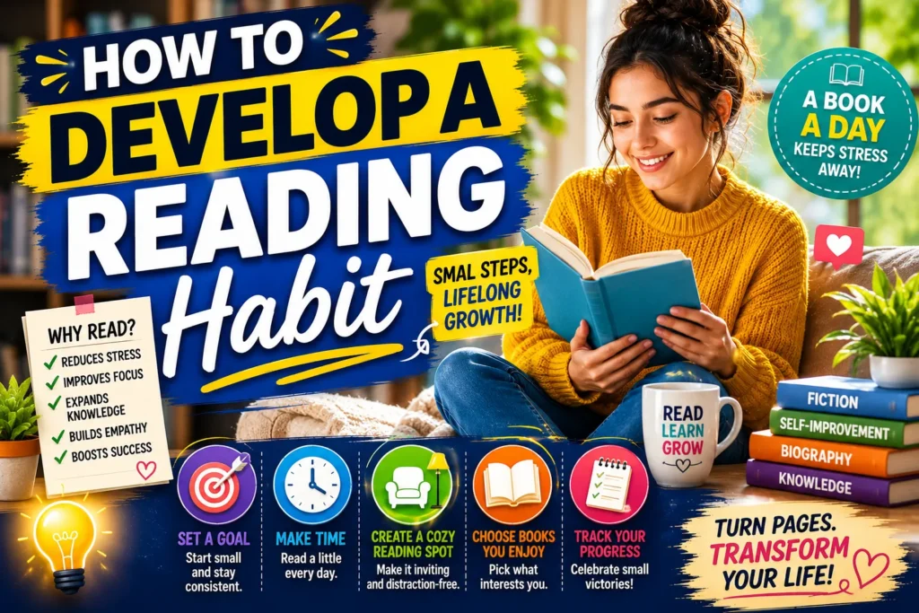 Colorful reading habit thumbnail with smiling reader, books, cozy setting, and personal growth tips graphics.