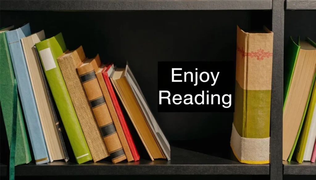 How To Develop A Reading Habit & Make It Stick Books arranged on a bookshelf with “Enjoy Reading” text promoting a positive reading habit.