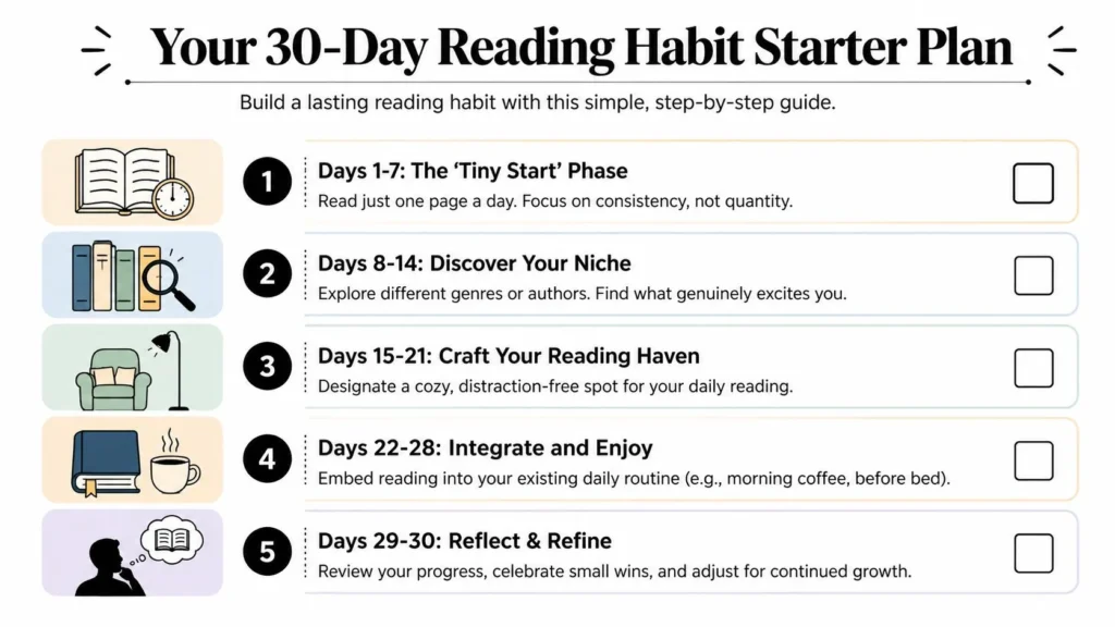 How To Develop A Reading Habit & Make It Stick Infographic showing a 30-day step-by-step plan for building a daily reading habit.