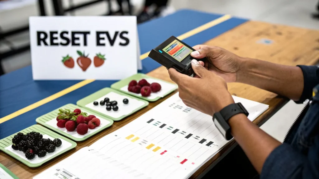 Person using device with chart and berries beside sign “Reset EVs,” illustrating EV stat reset process