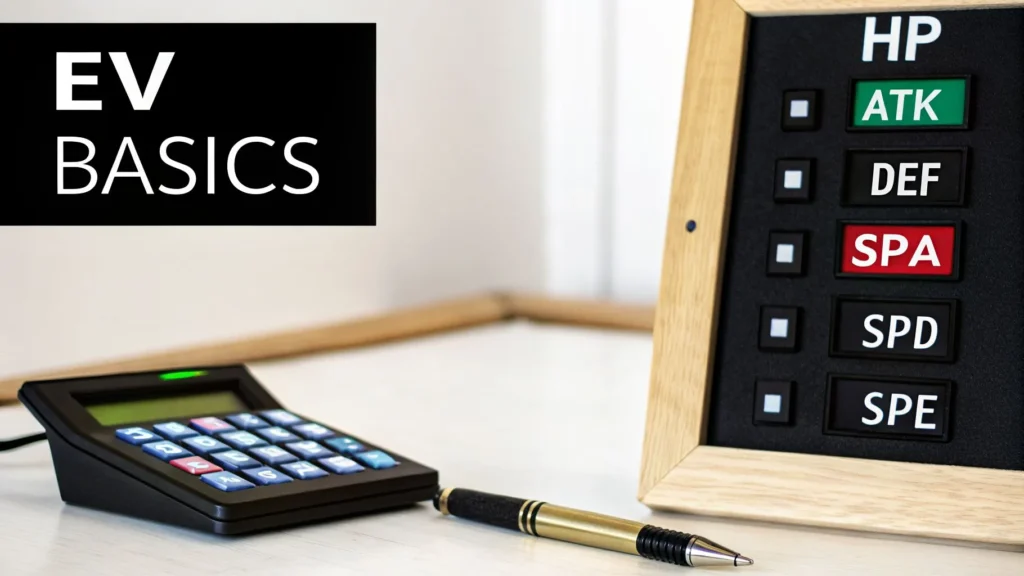 “EV Basics” graphic with stat board (HP, ATK, DEF, SPA, SPD, SPE), calculator and pen on desk