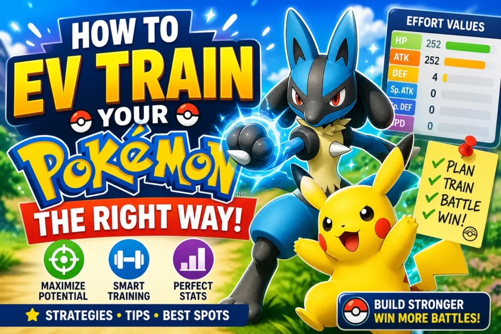 Colorful thumbnail showing EV training guide for Pokémon with battle stats chart, tips, and animated characters in action